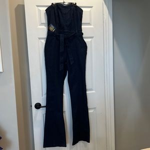 BEBE sz 10 dark denim strapless jumpsuit